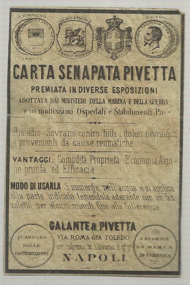 Carta Senapata Pivetta Napoli Fine '800 Galante Pubblicità Medica