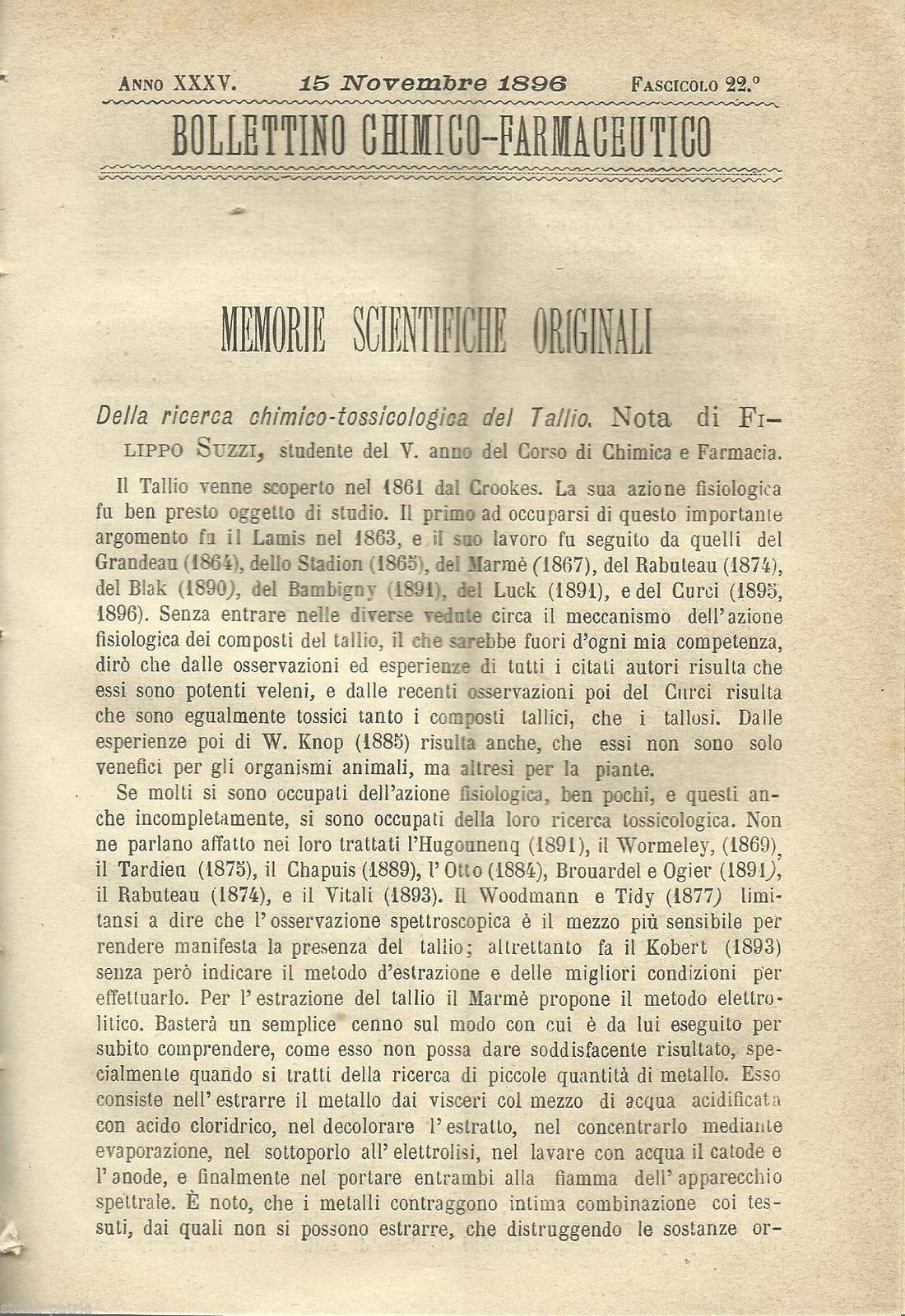 Bollettino Chimico Farmaceutico 1896 Milano Tallio Acque Vichy