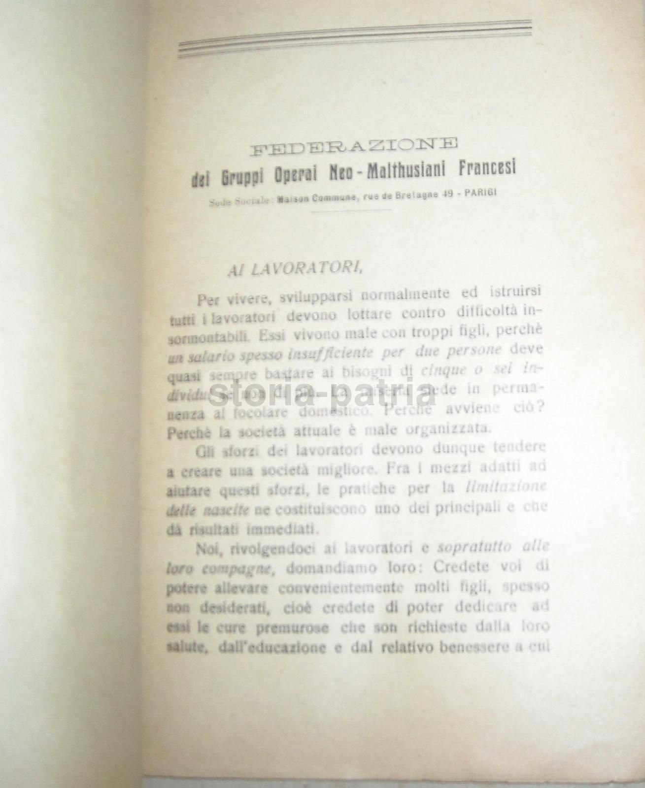 L'Arte Di Non Far Figli Di Secondo Giorni (1912). Trattato Di Neo Malthusianismo E Anticoncezionali