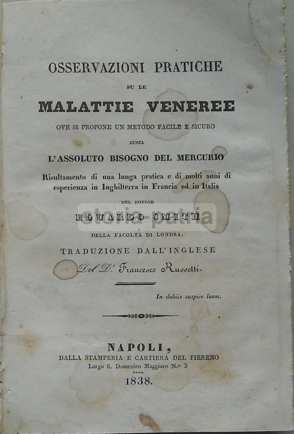 Smith, Malattie Veneree. Napoli, 1838. Russotti, Medicina, Sifilide.