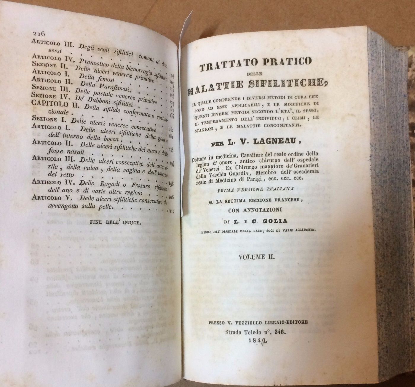 Trattato Pratico Delle Malattie Sifilitiche, Lagneau Golia, Napoli 1840