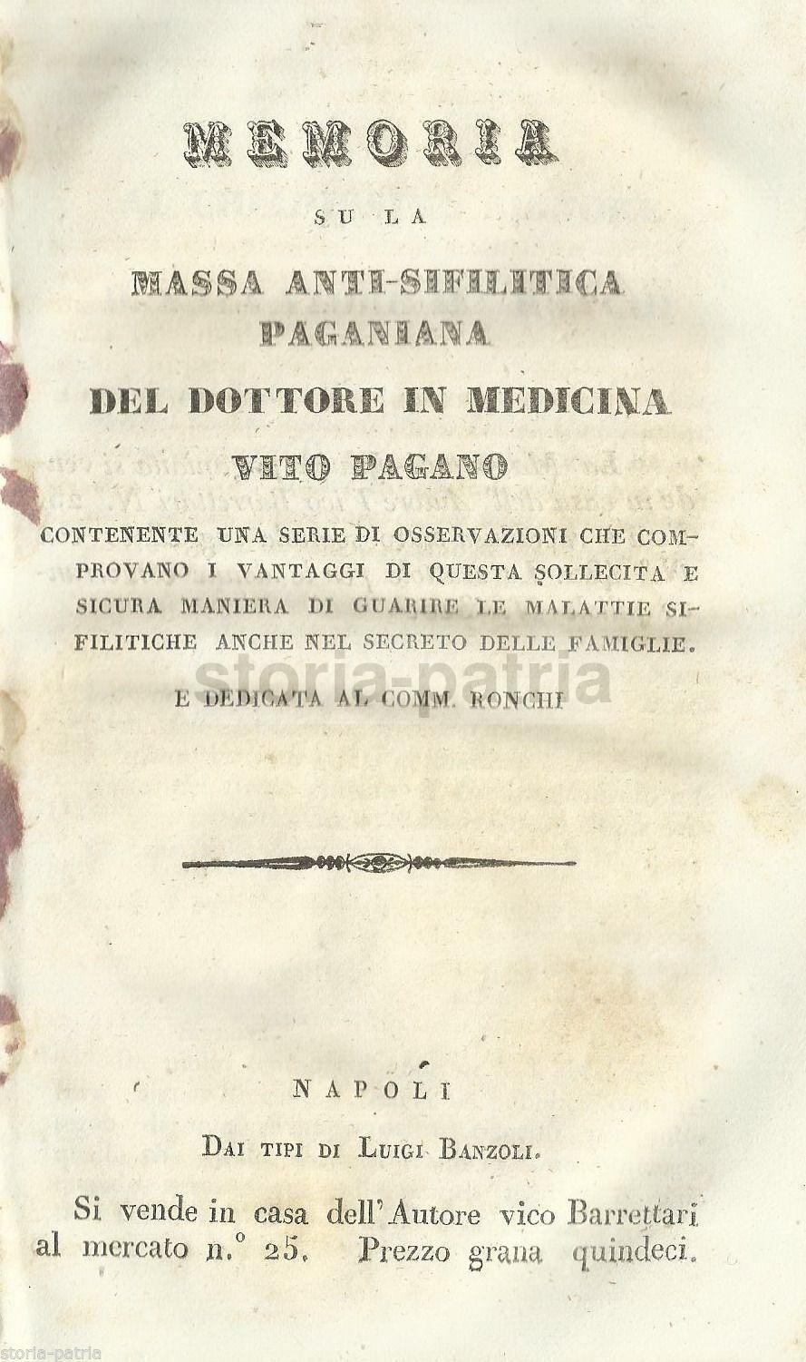 Vito Pagano, Memoria Sulla Massa Anti Sifilitica Paganiana, Napoli 1835