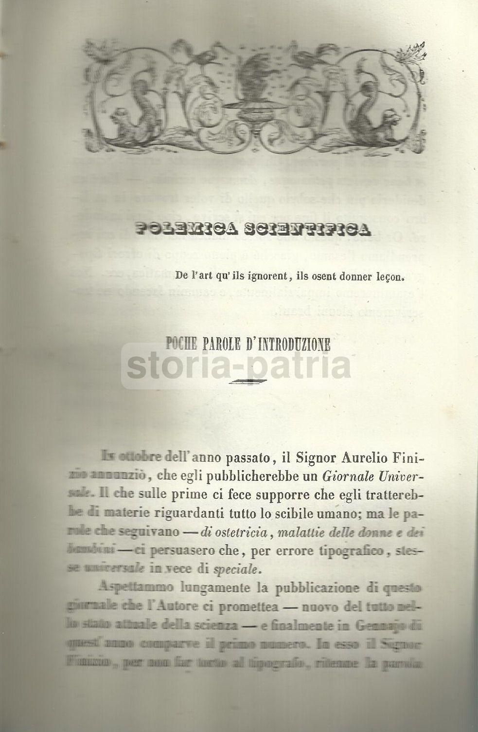 Polemica Scientifica Su Finizio: Osservazioni Critiche Sul Giornale Universale Di Ostetricia (1845)