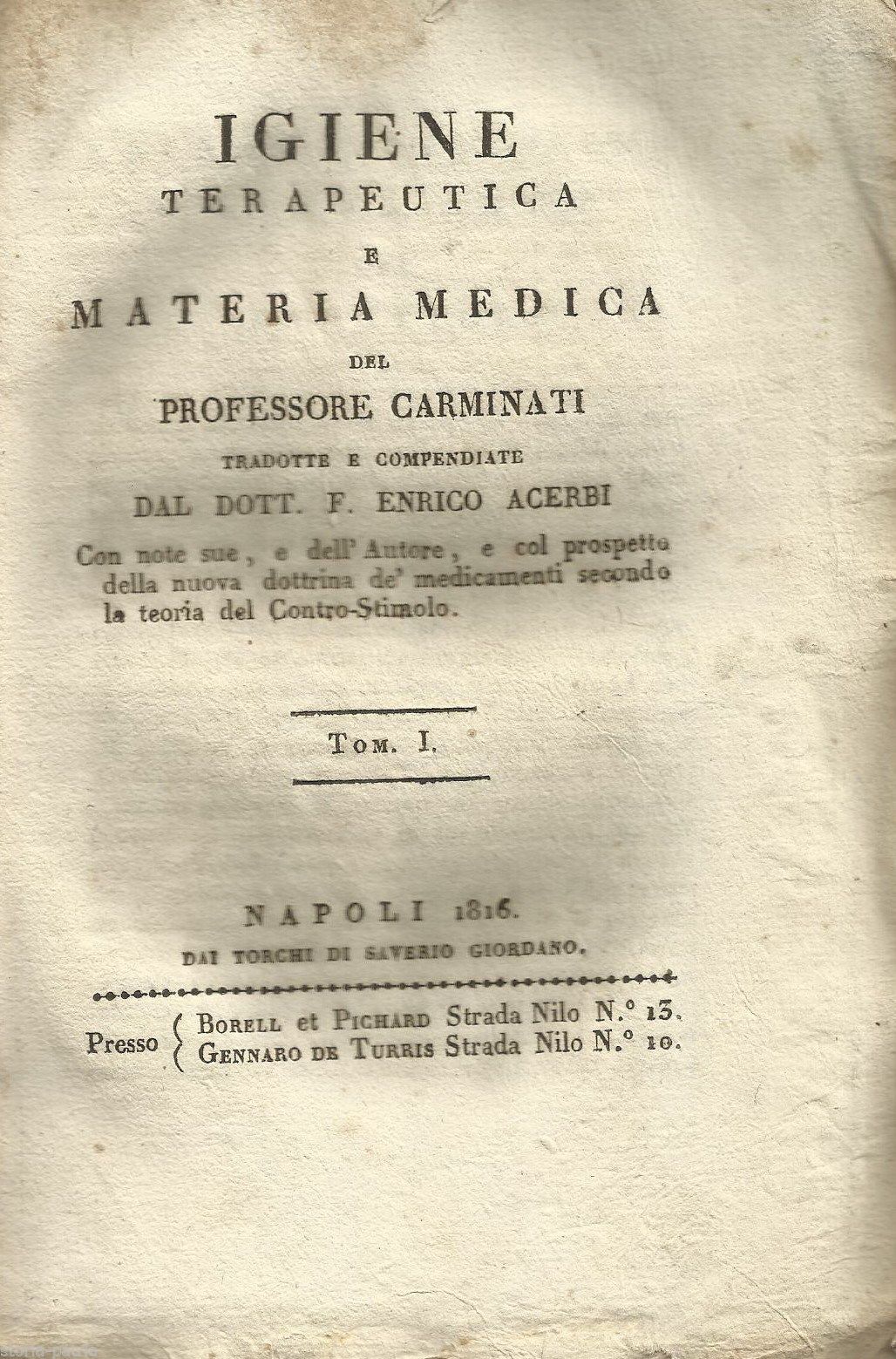Igiene Terapeutica E Materia Medica Carminati, 1816 Napoli