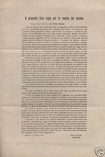 Lettera Felice Bisleri Sul Chinino Di Stato, Milano 1902