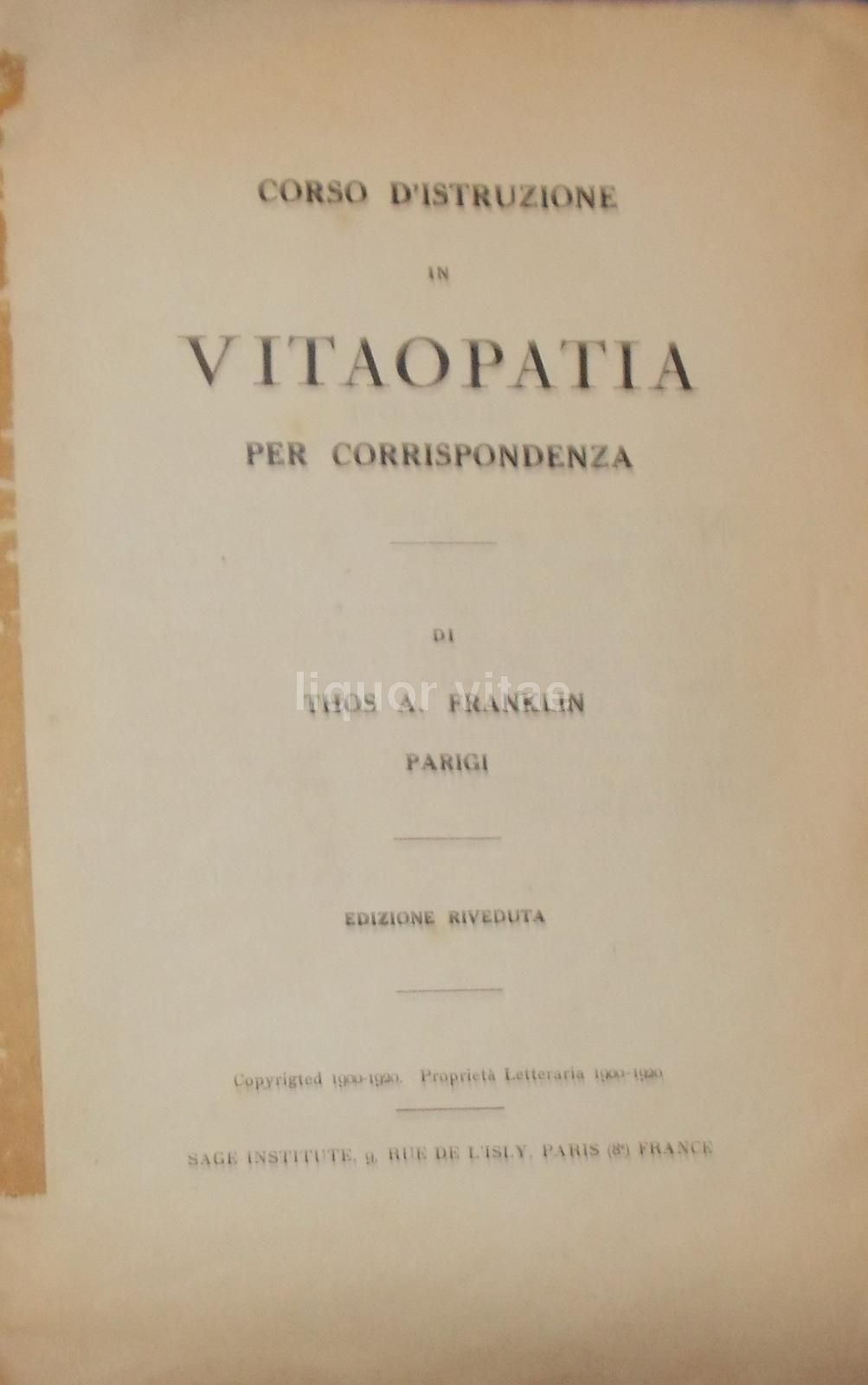 Corso d'Istruzione In Vitaopatia, Thos A. Franklin, 1900 1920