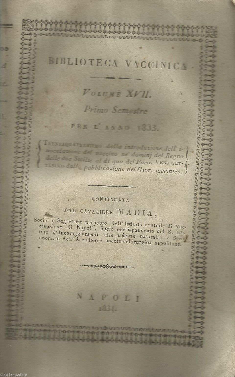 Biblioteca Vaccinica 1833: Napoli, Vaccinazione E Vaiuolo Nel Regno