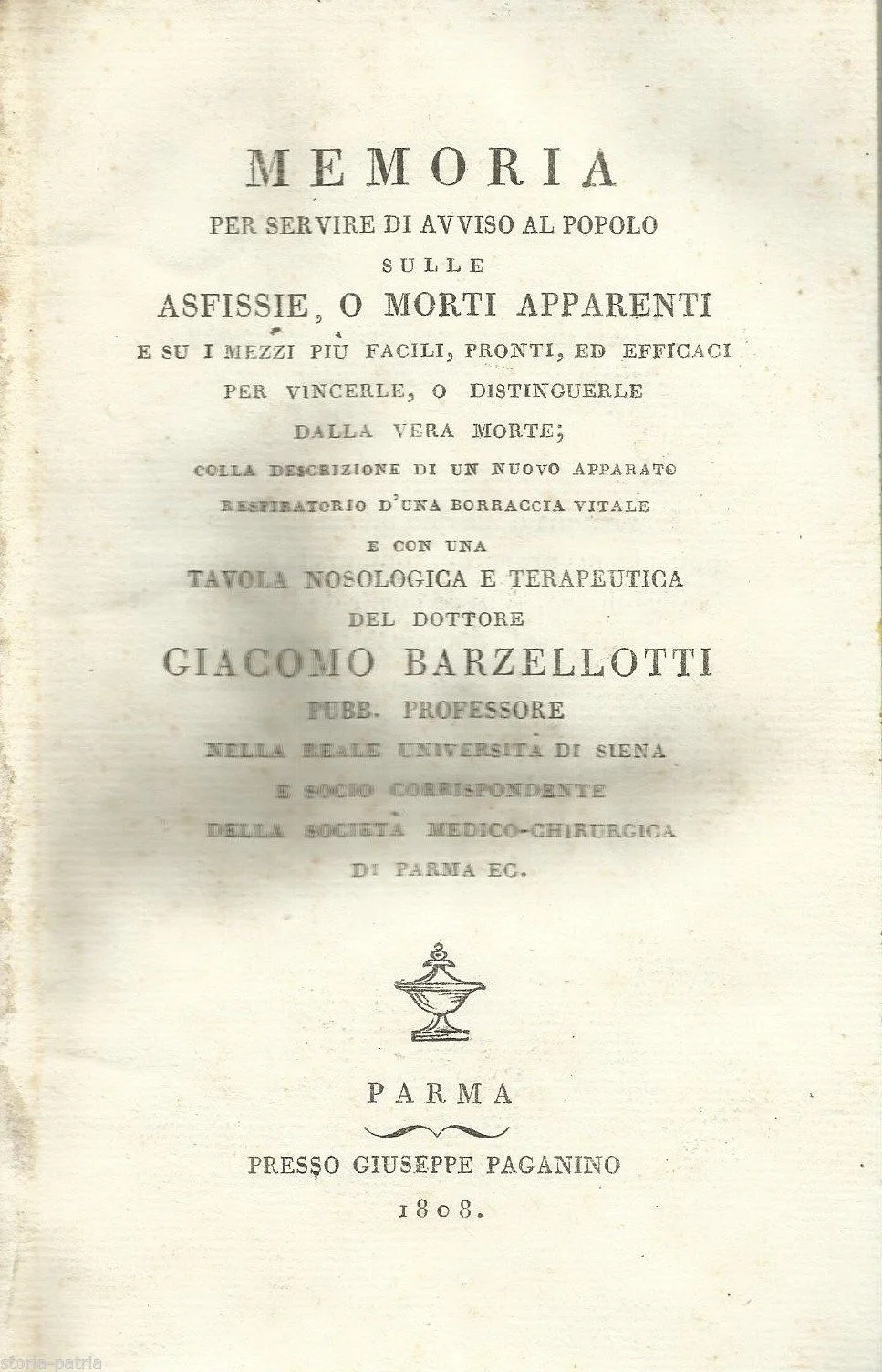 Giacomo Barzellotti, Memoria sulle Asfissie e Morti Apparenti, Parma, 1808