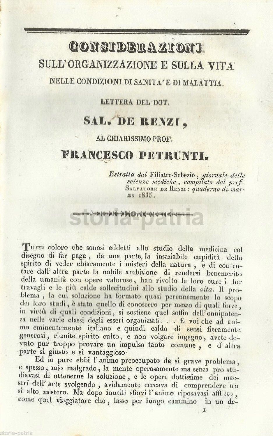 De Renzi: Considerazioni Sull'Organizzazione E Sulla Vita (1835)