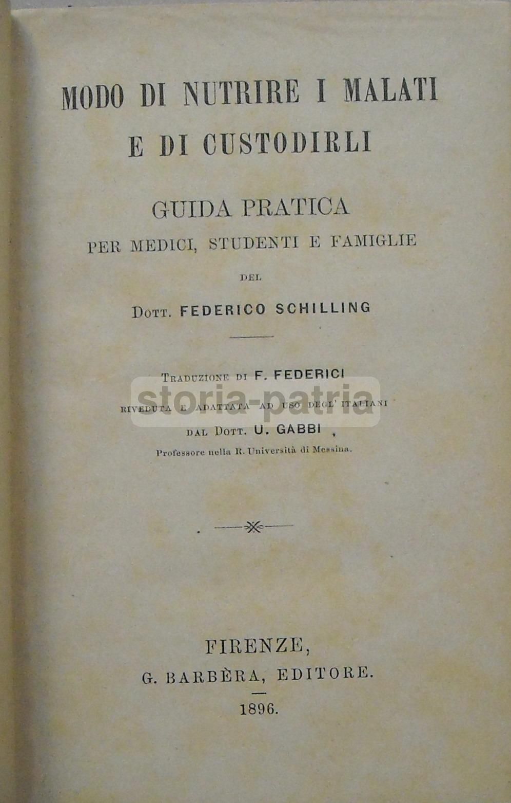 Modo Di Nutrire I Malati E Di Custodirli. Guida Pratica. Federico Schilling, 1896