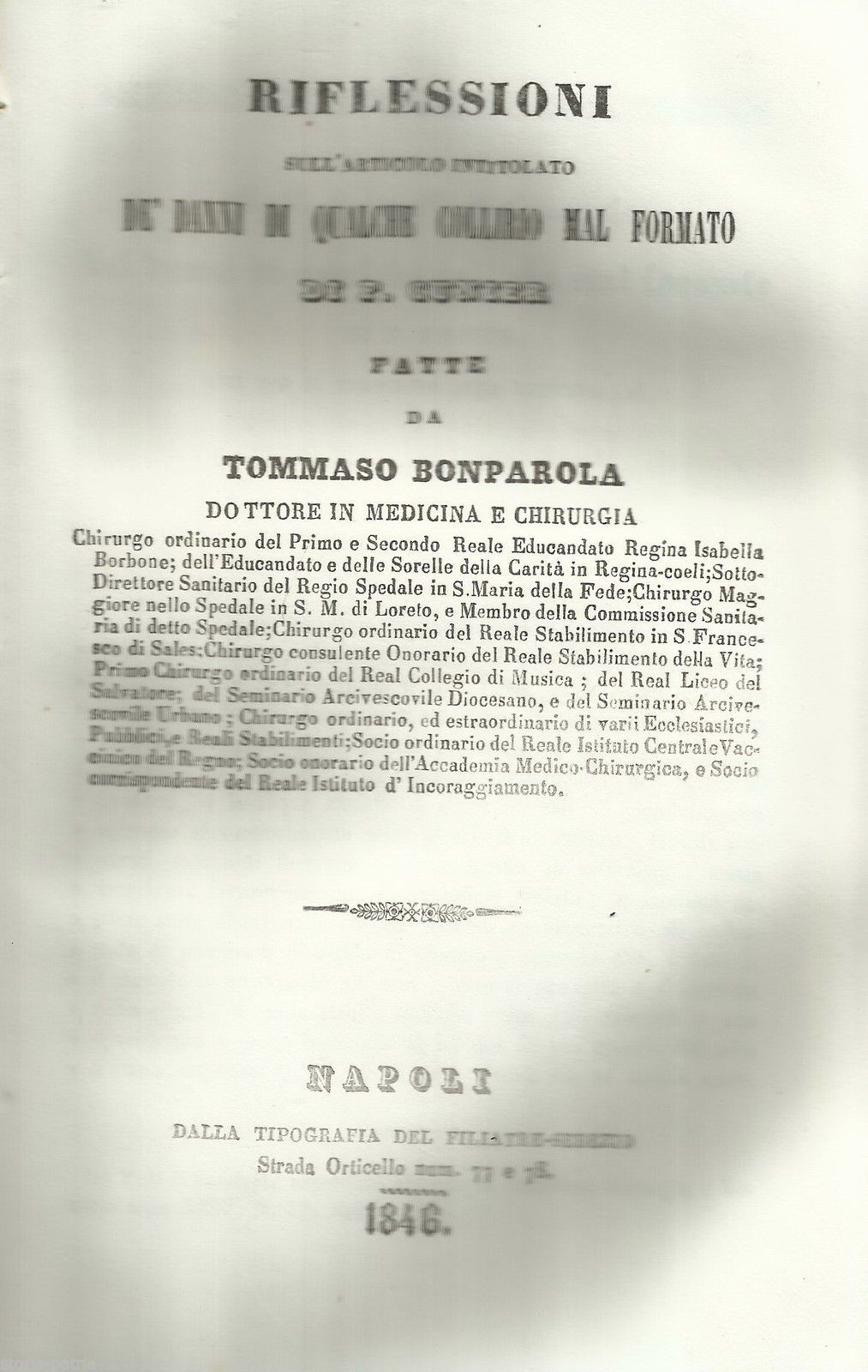 Bonparola: Riflessioni Sull'Articolo Di F. Cunier "De' Danni Di Qualche Collirio Mal Formato", 1846