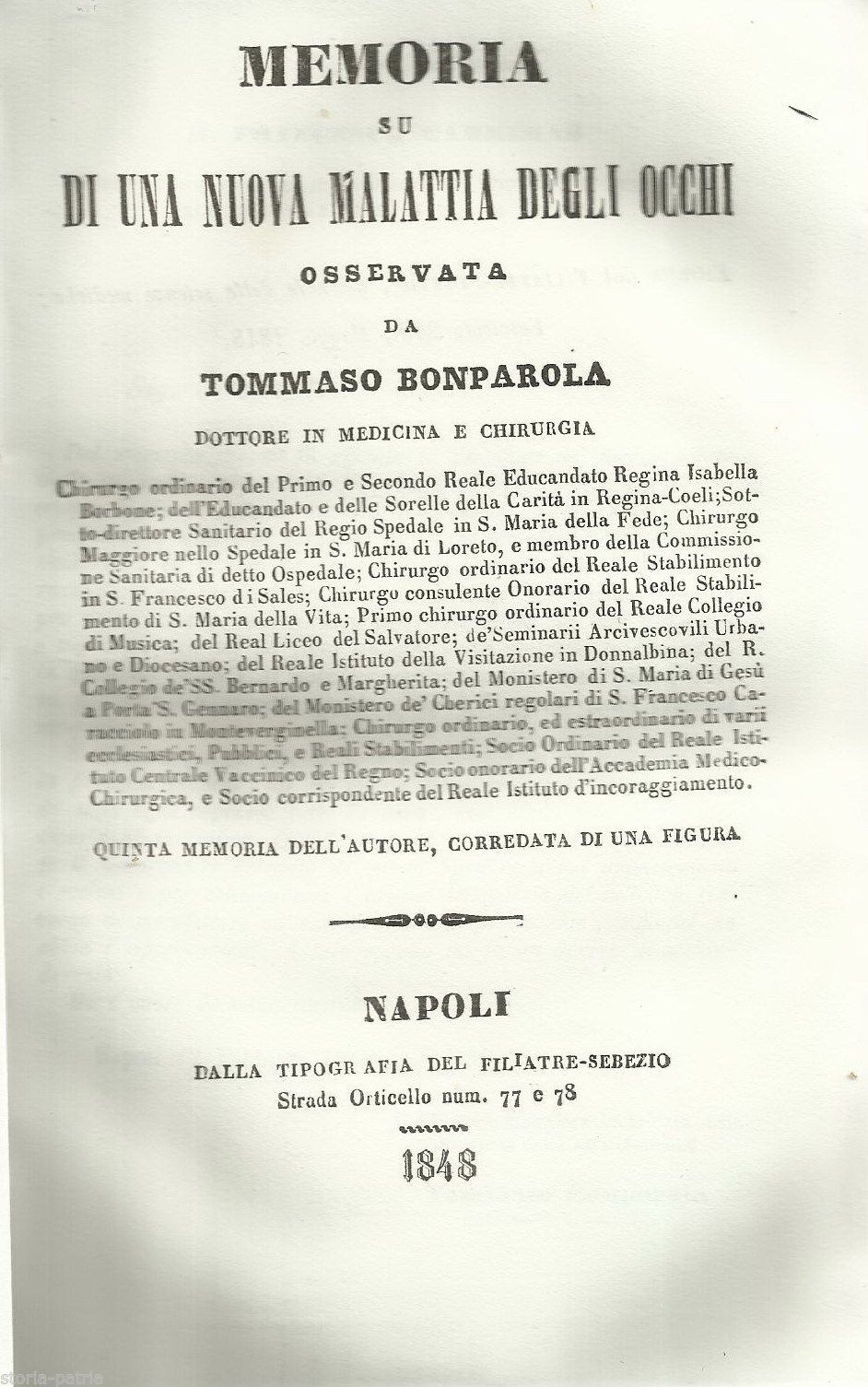 Memoria Su Di Una Nuova Malattia Degli Occhi, Tommaso Bonparola, Napoli, 1848