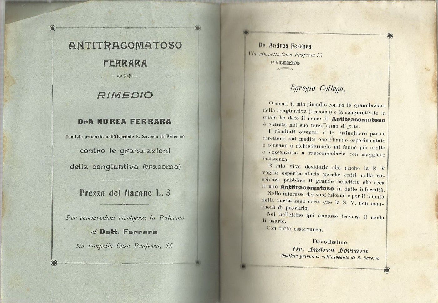 Bollettino Antitracomatoso Ferrara Palermo 1908 Medicina Oculistica