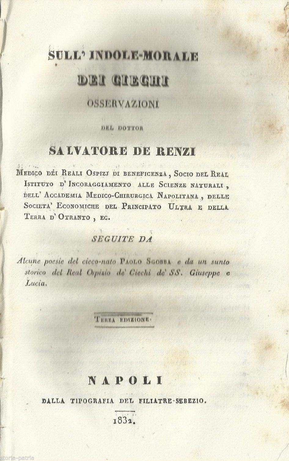 Salvatore De Renzi: Sull'Indole Morale Dei Ciechi, Napoli 1832
