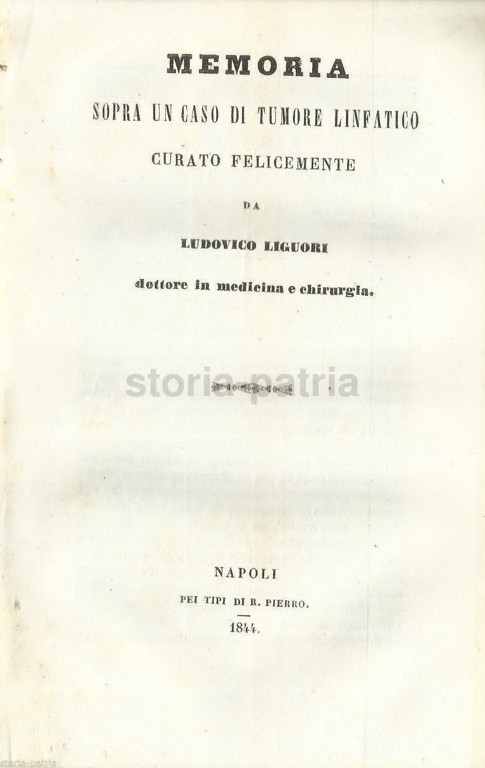 Liguori, Tumore Linfatico. Napoli, 1844. Medicina Antica Rara.