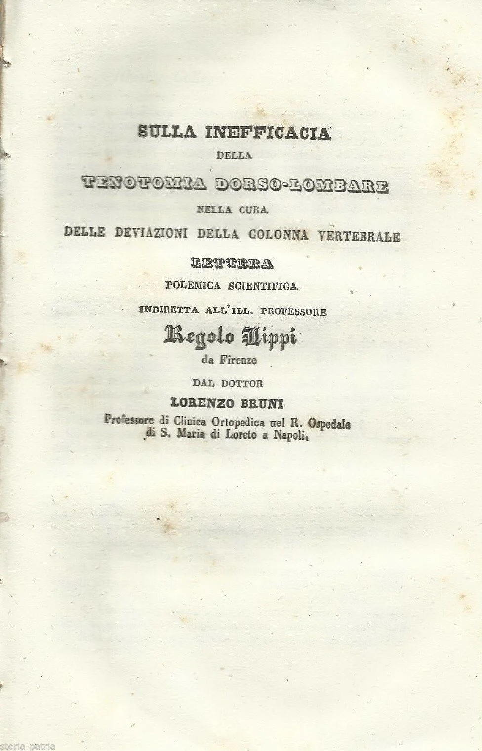 Dorsolumbar Tenotomy, Lorenzo Bruni, 1846 (Naples). Polemical Medical Letter