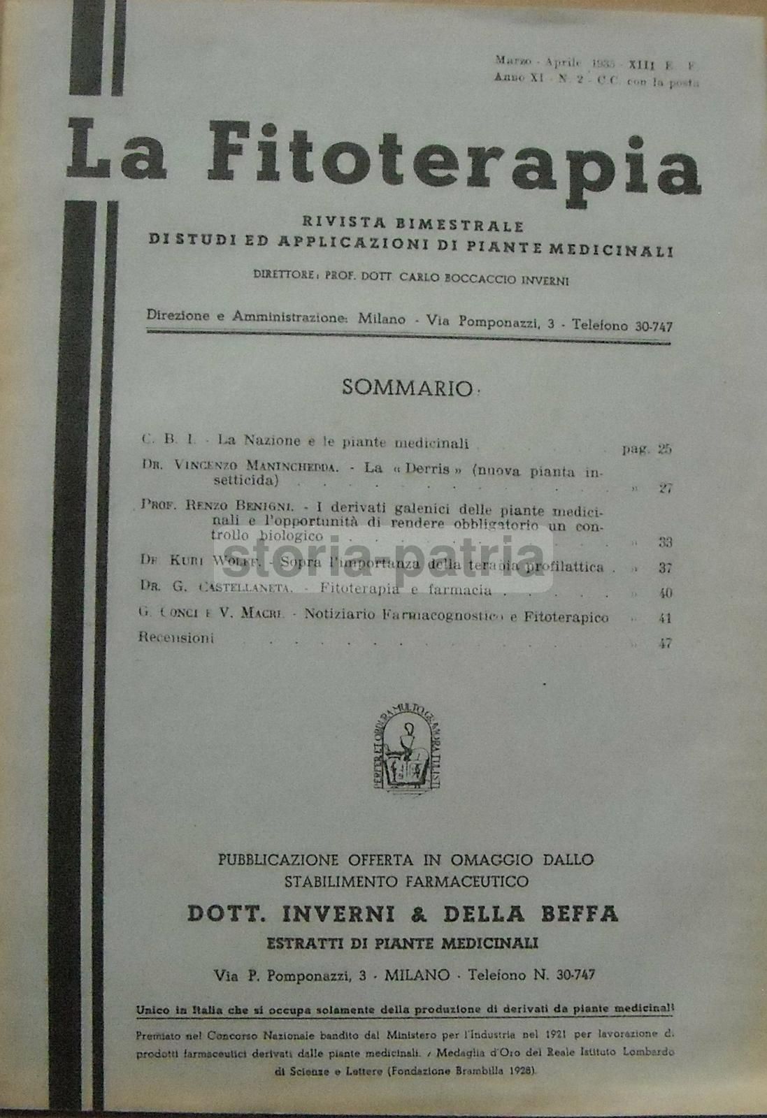 La Fitoterapia 1935: Piante Medicinali, Derris, Benigni, Wolff