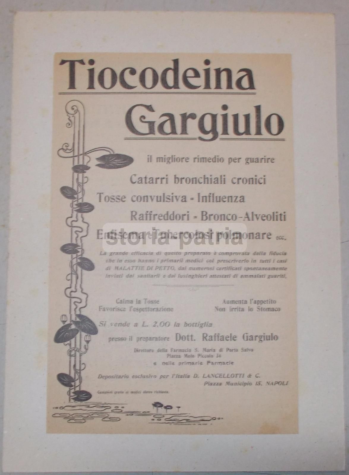 Pubblicità Tiocodeina Gargiulo Napoli Farmacia Antica 1910