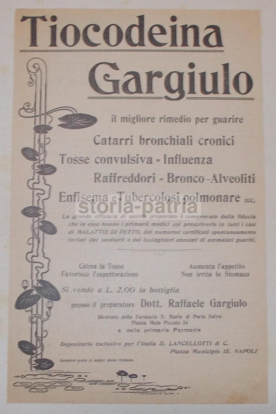 Pubblicità Tiocodeina Gargiulo Napoli Farmacia Antica 1910