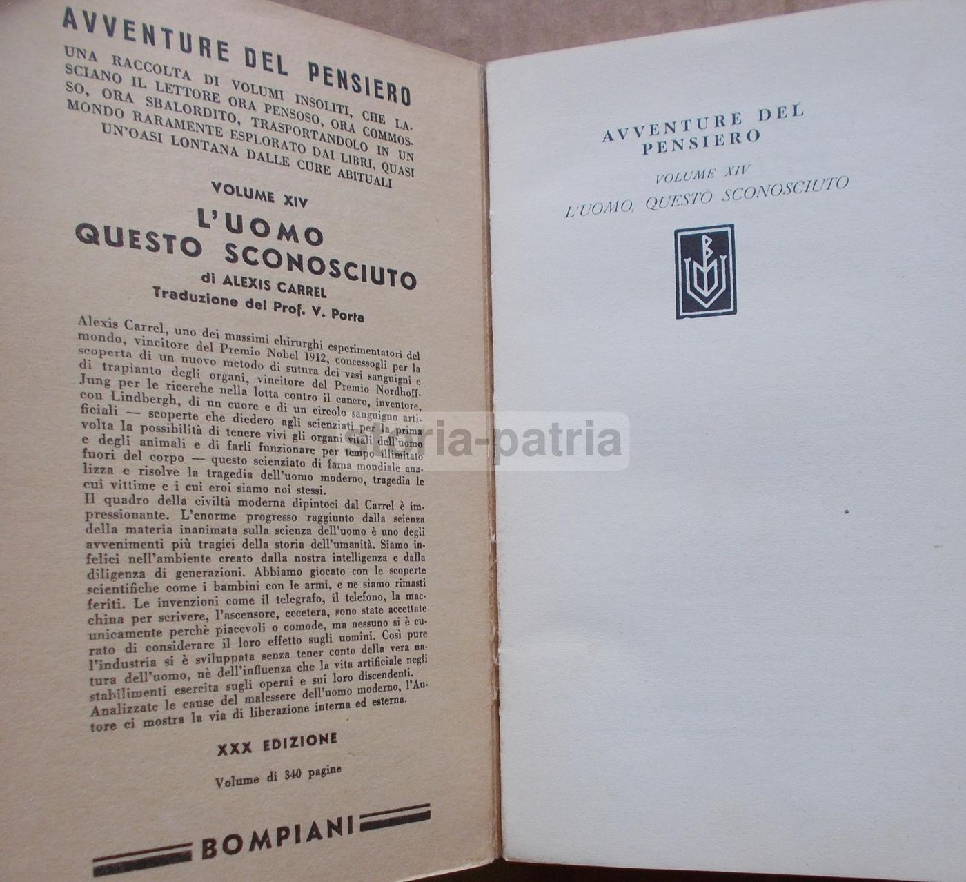 L'Uomo Questo Sconosciuto, Alexis Carrel, Bompiani, 1960