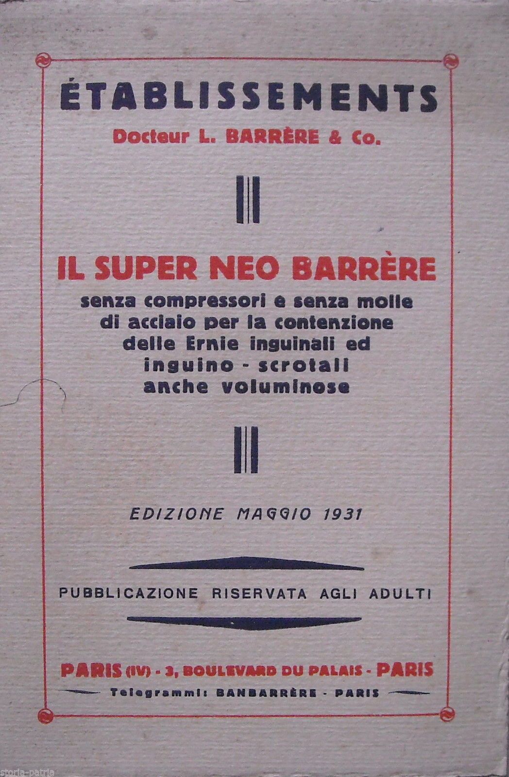 Cinto Erniario Dr. Barrere: Pubblicità Medica 1931, Milano