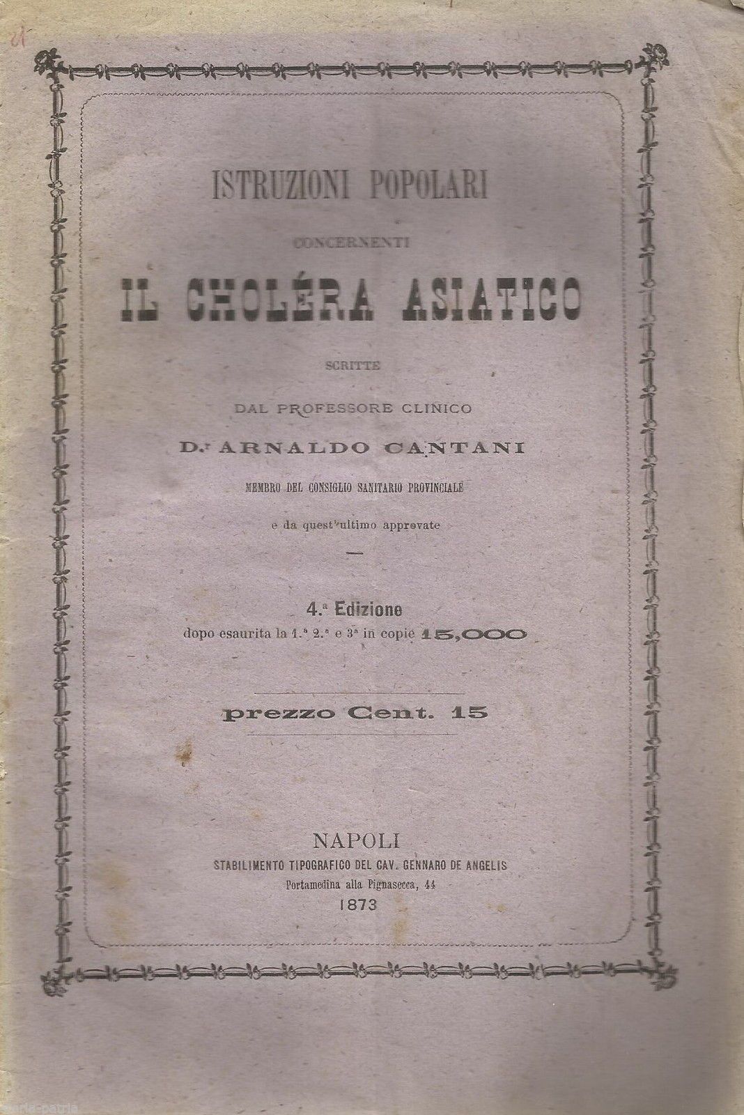 Cantani: Istruzioni Sul Colera Asiatico. Napoli, 1873. Medicina Rara