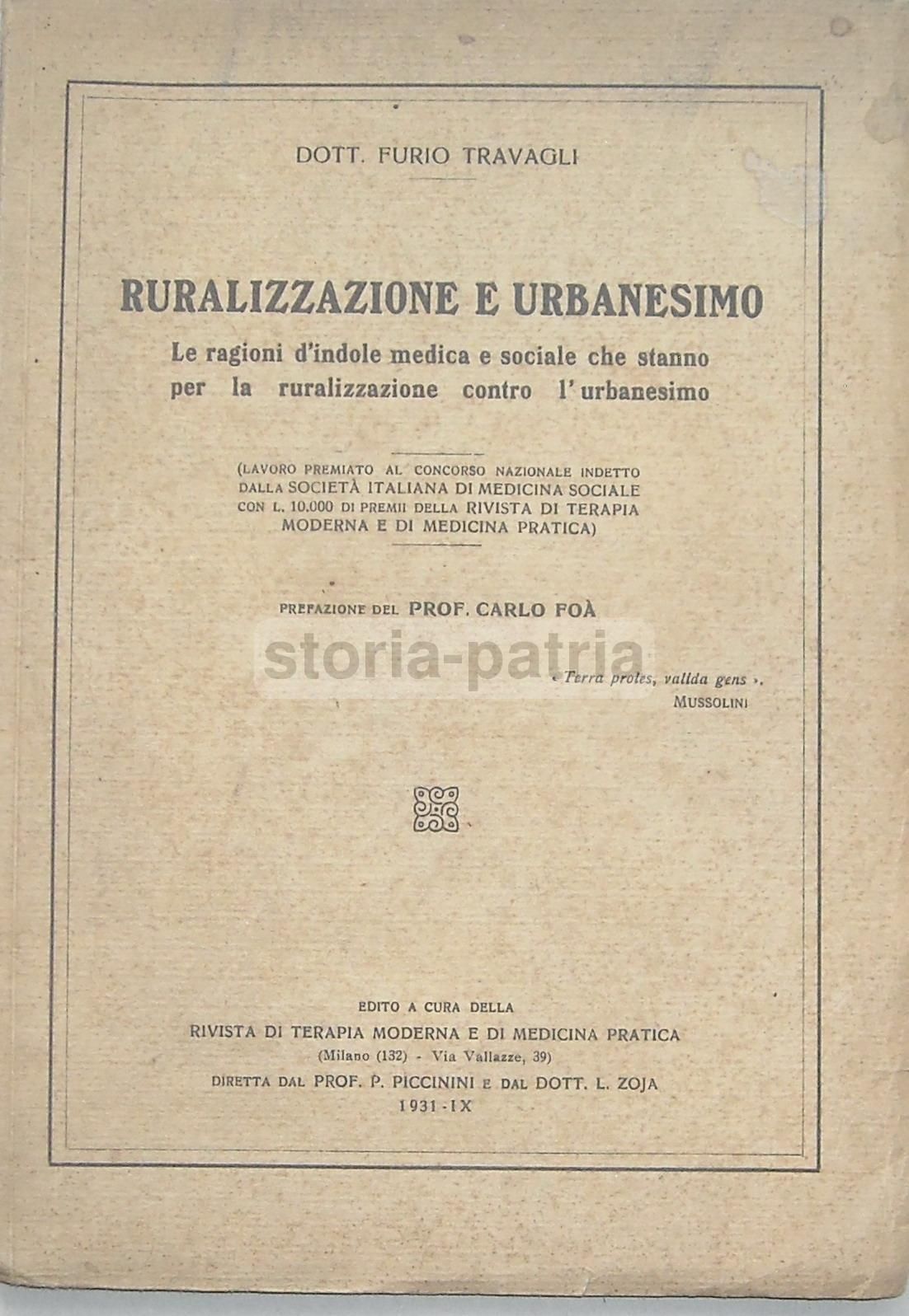 Ruralizzazione E Urbanesimo Di Furio Travagli (1931)   Medicina Sociale