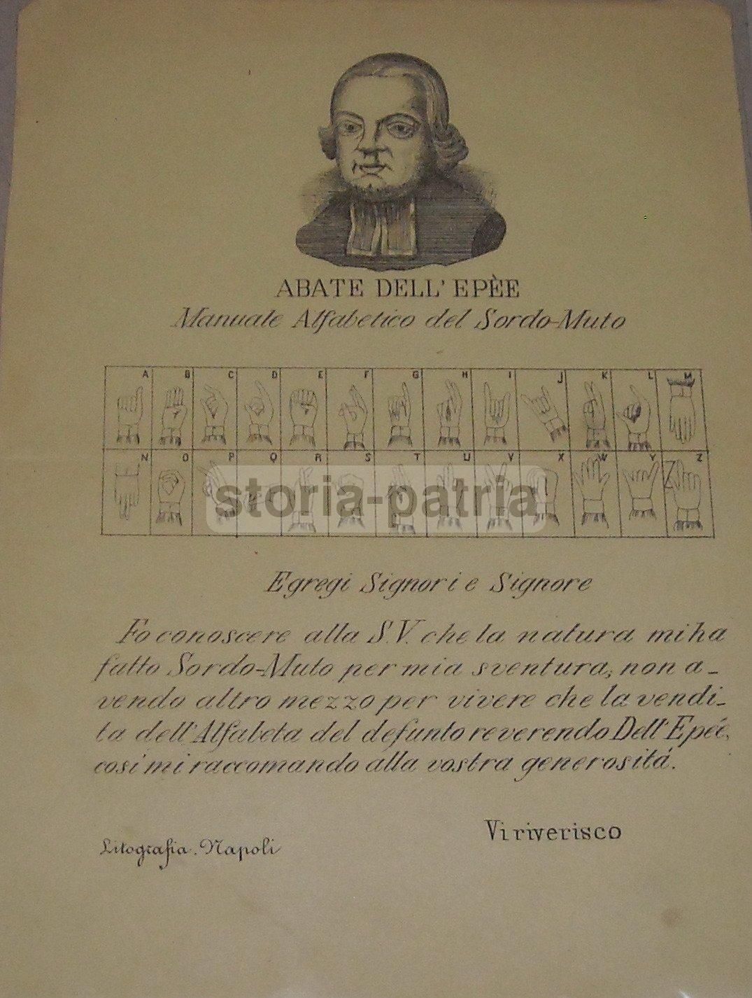 Alfabeto Sordomuti Abate Dell'Epée, Litografia Napoli, XIX Secolo