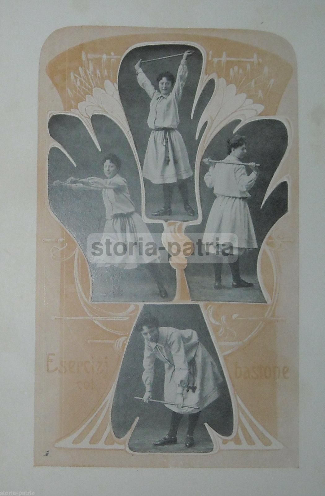 Stampa Antica Ginnastica Femminile Con Bastone, 1920 Circa (cromolitografia)