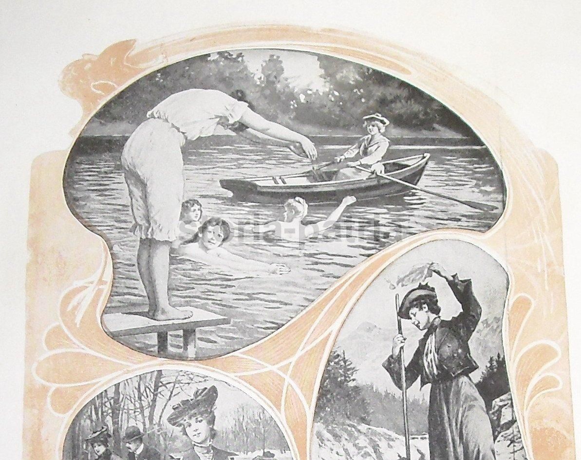 Stampa Antica Sport Femminile Nuoto Alpinismo Pattinaggio 1920