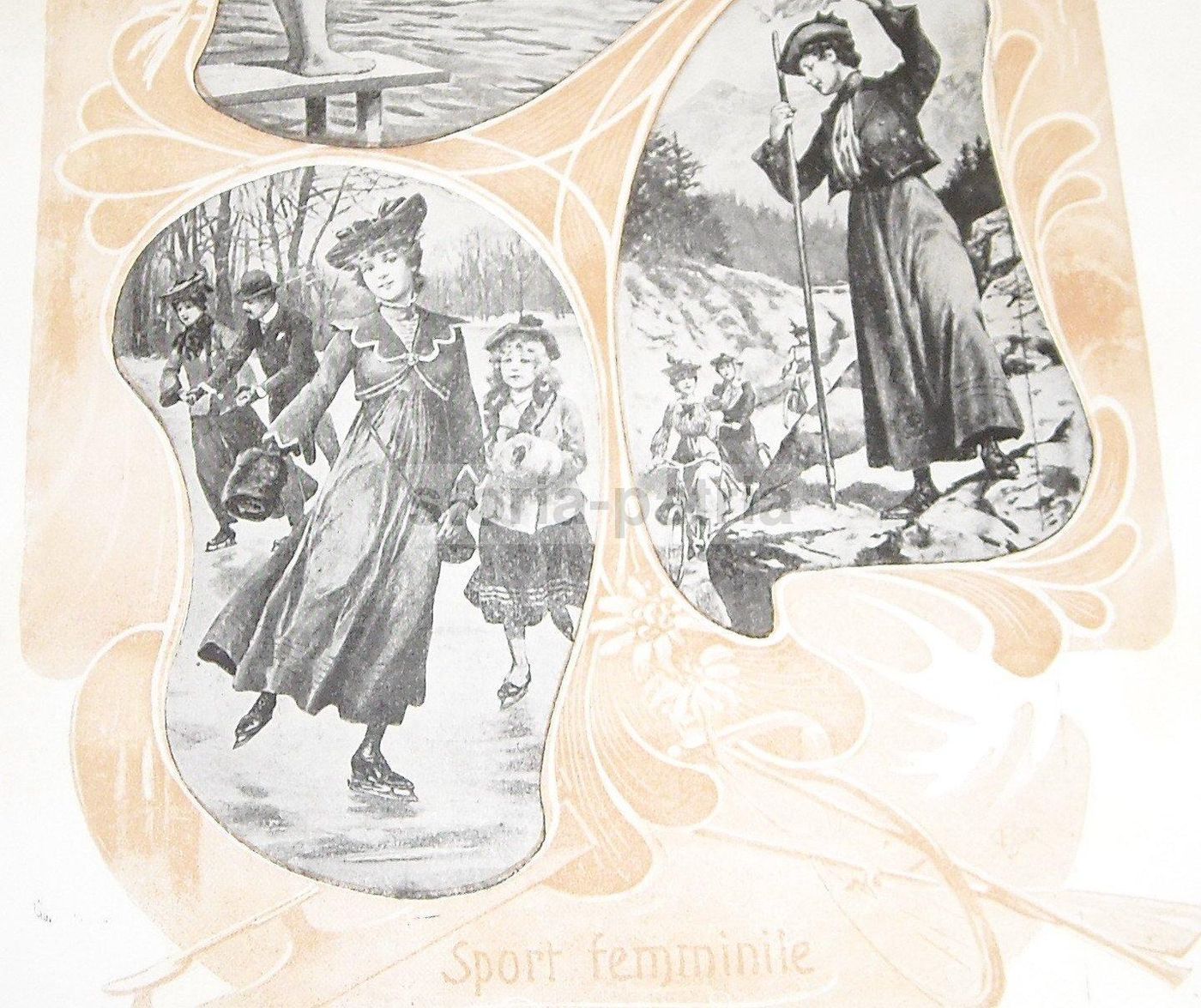 Stampa Antica Sport Femminile Nuoto Alpinismo Pattinaggio 1920