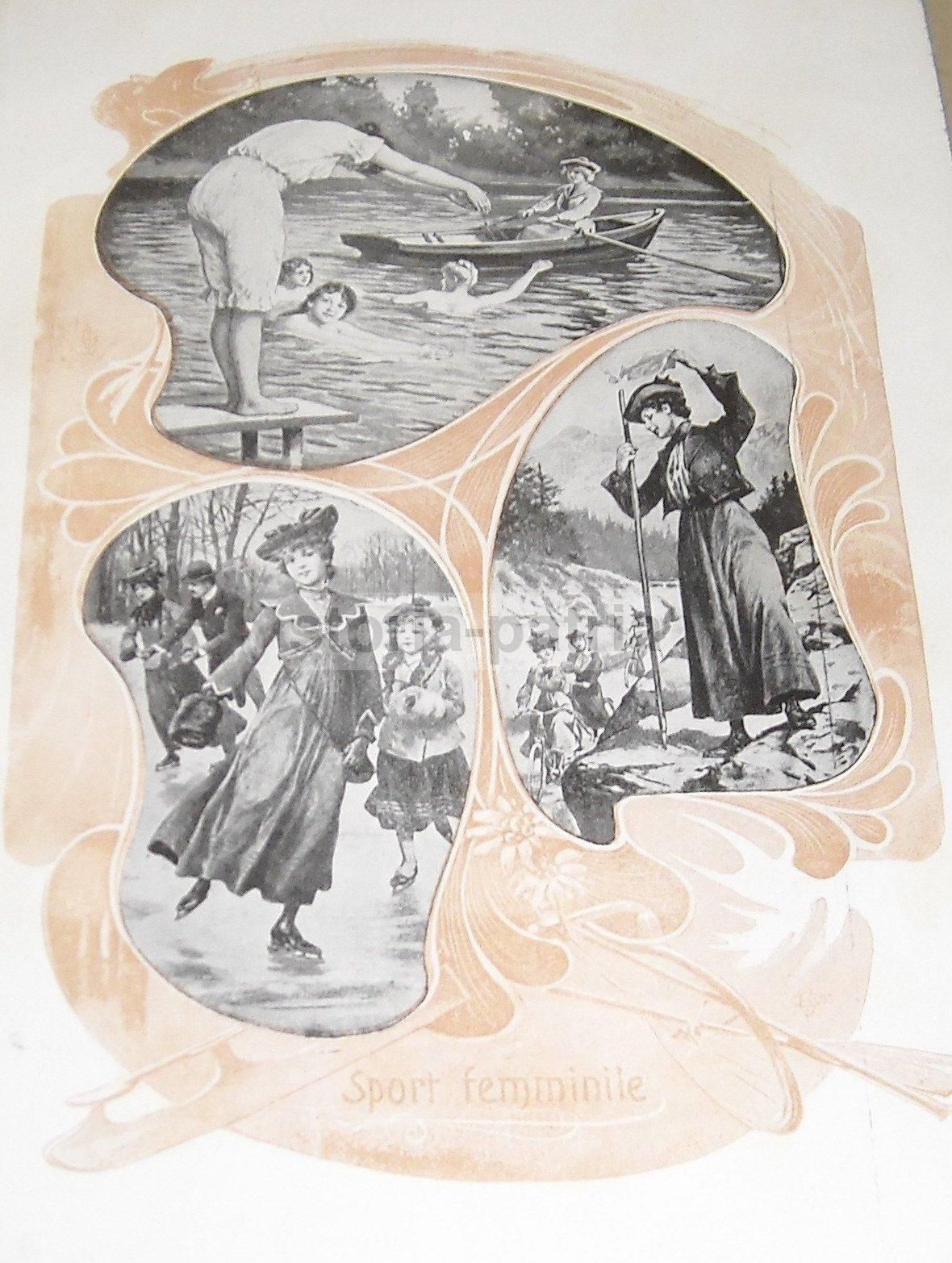 Stampa Antica Sport Femminile Nuoto Alpinismo Pattinaggio 1920
