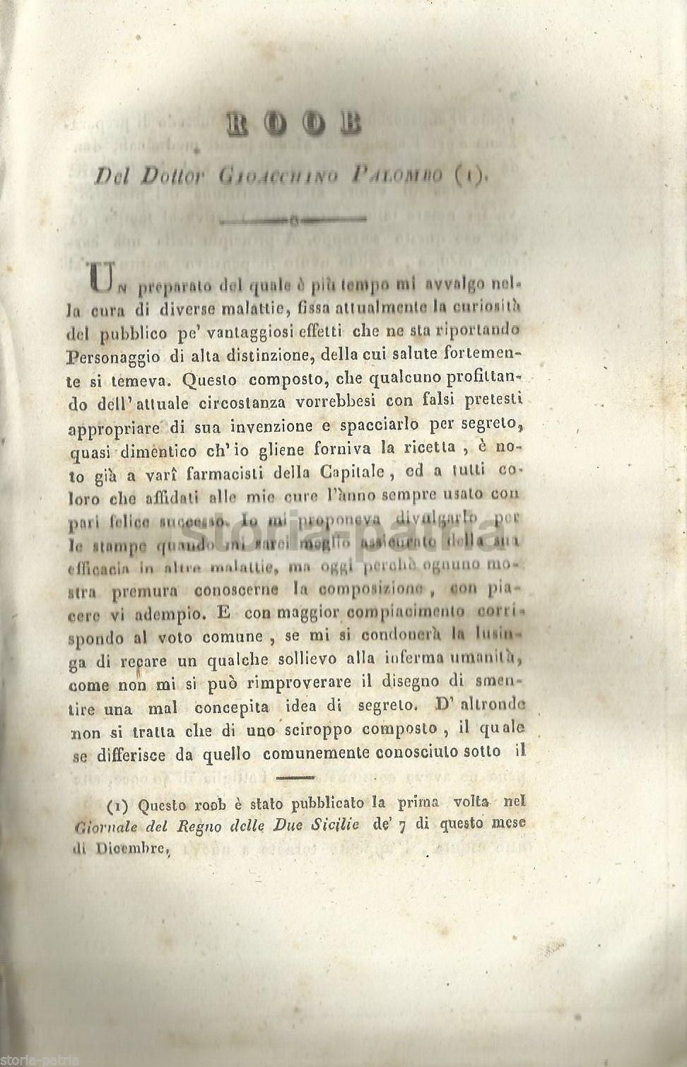Roob: Ricetta Medicinale Di Gioacchino Palombo, 1843, Napoli
