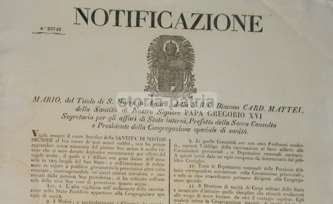 Decreto Vaccinazione Vaiolo Arabo Cardinale Mattei Roma 1841