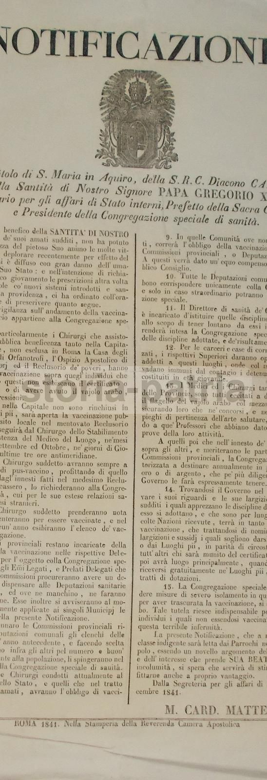 Decreto Vaccinazione Vaiolo Arabo Cardinale Mattei Roma 1841