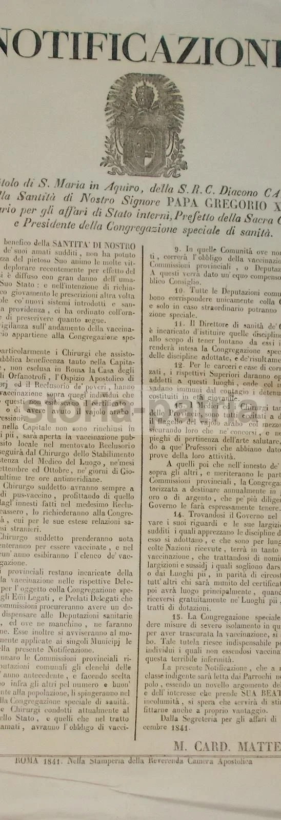 Arabian Smallpox Vaccination Decree, Cardinal Mattei, Rome 1841
