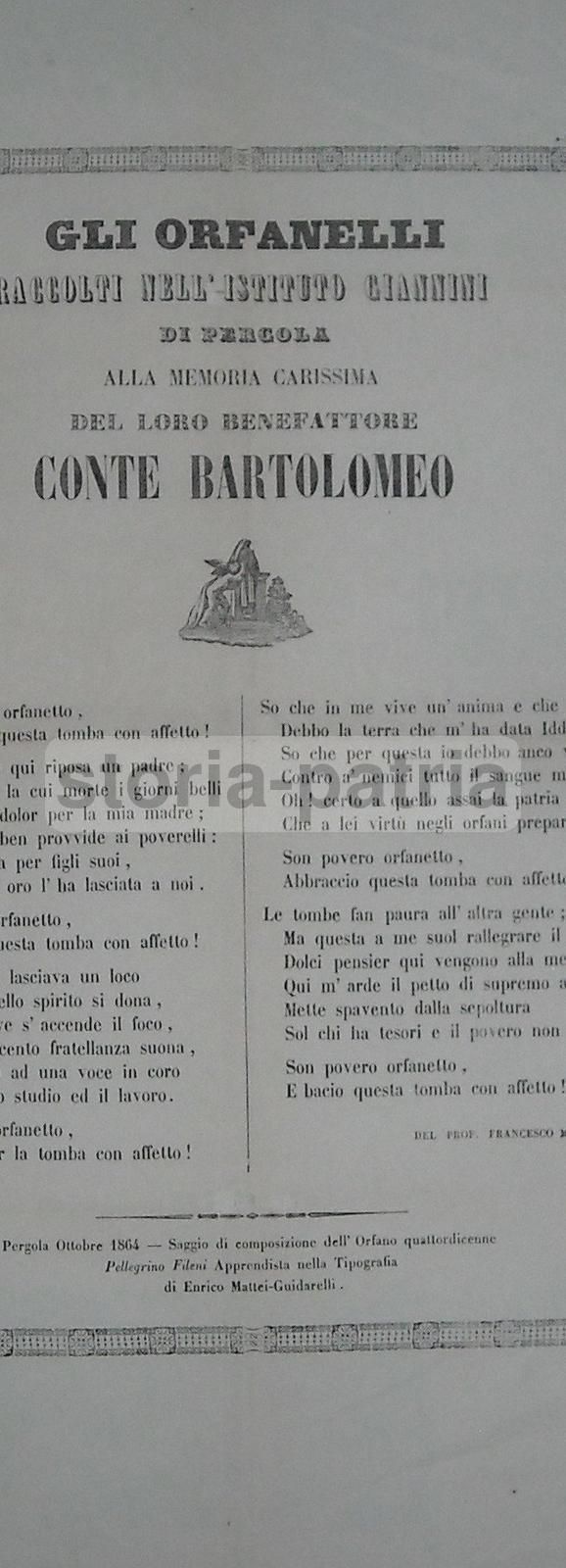 Foglio Volante Necrologico 1864, Istituto Giannini, Pergola, Marche