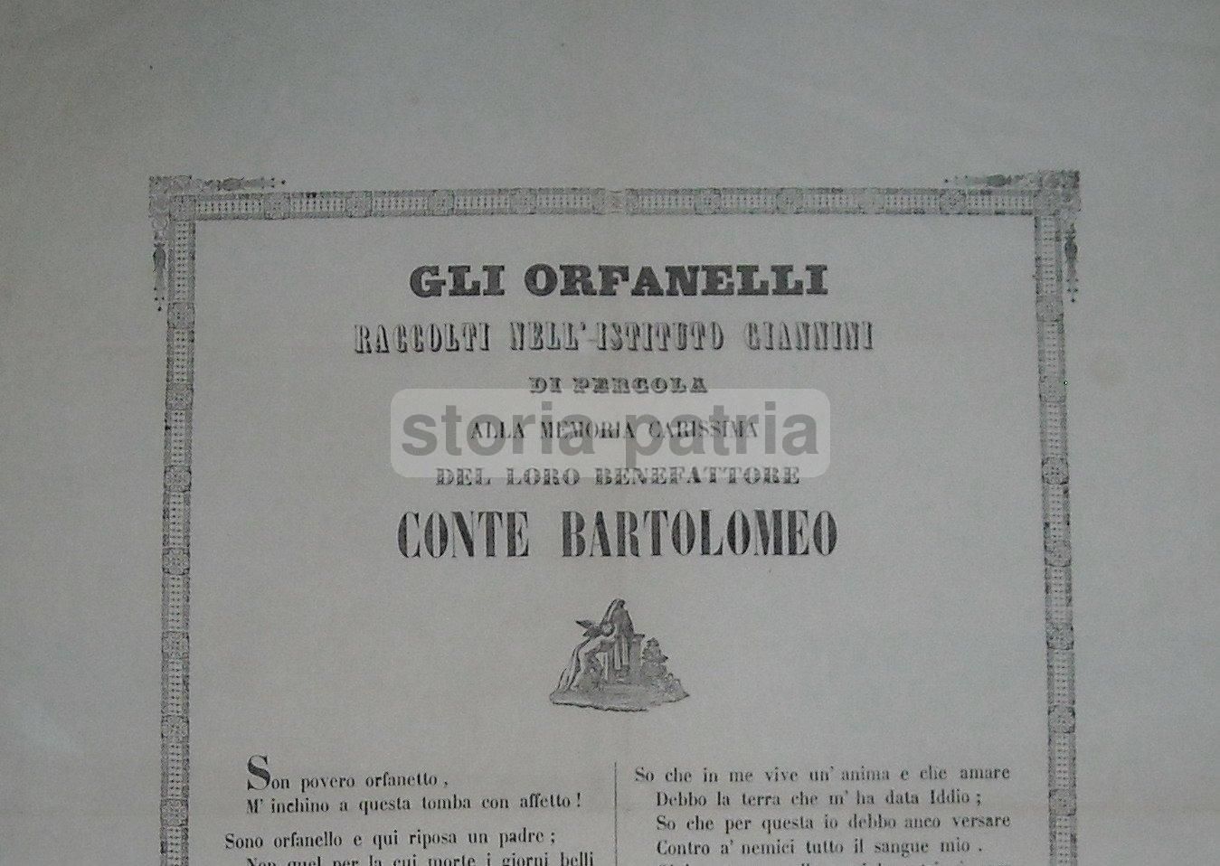 Foglio Volante Necrologico 1864, Istituto Giannini, Pergola, Marche