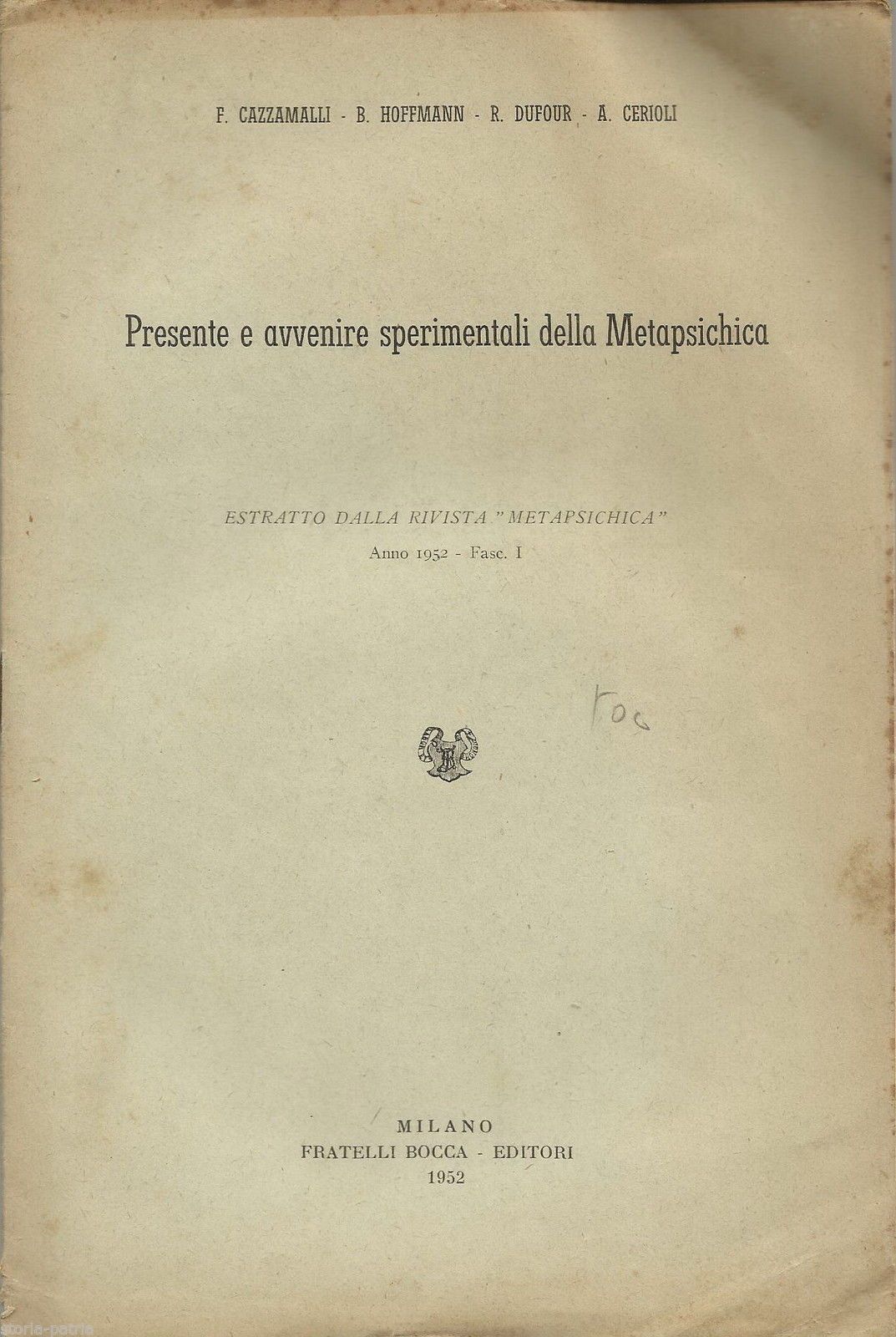 Metapsichica E Telepatia 1952 Cazzamalli Hoffmann Bocca Milano