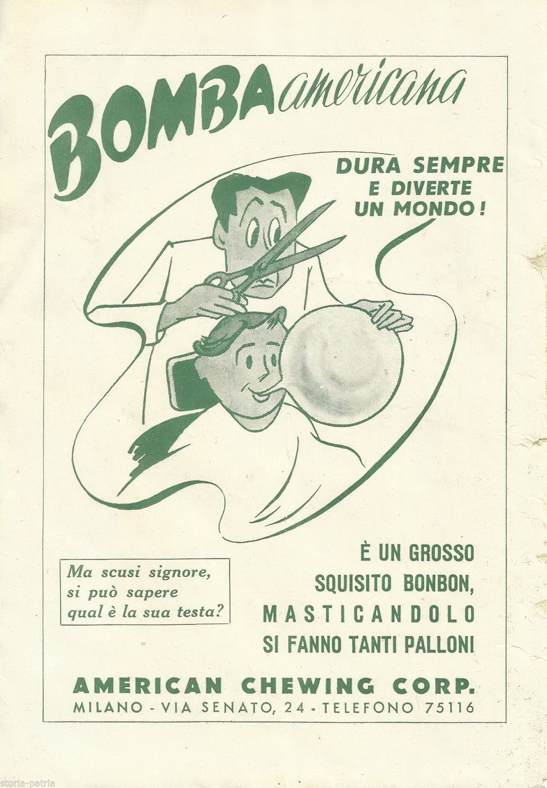 Pubblicità Chewing Gum Bomba Americana, Milano, 1948   Parrucchiere