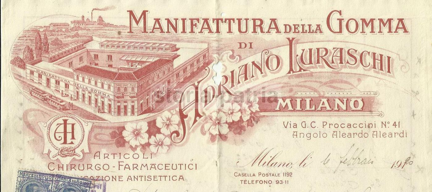 Carta Intestata Stabilimento Luraschi Milano 1920 Gomma Medicale