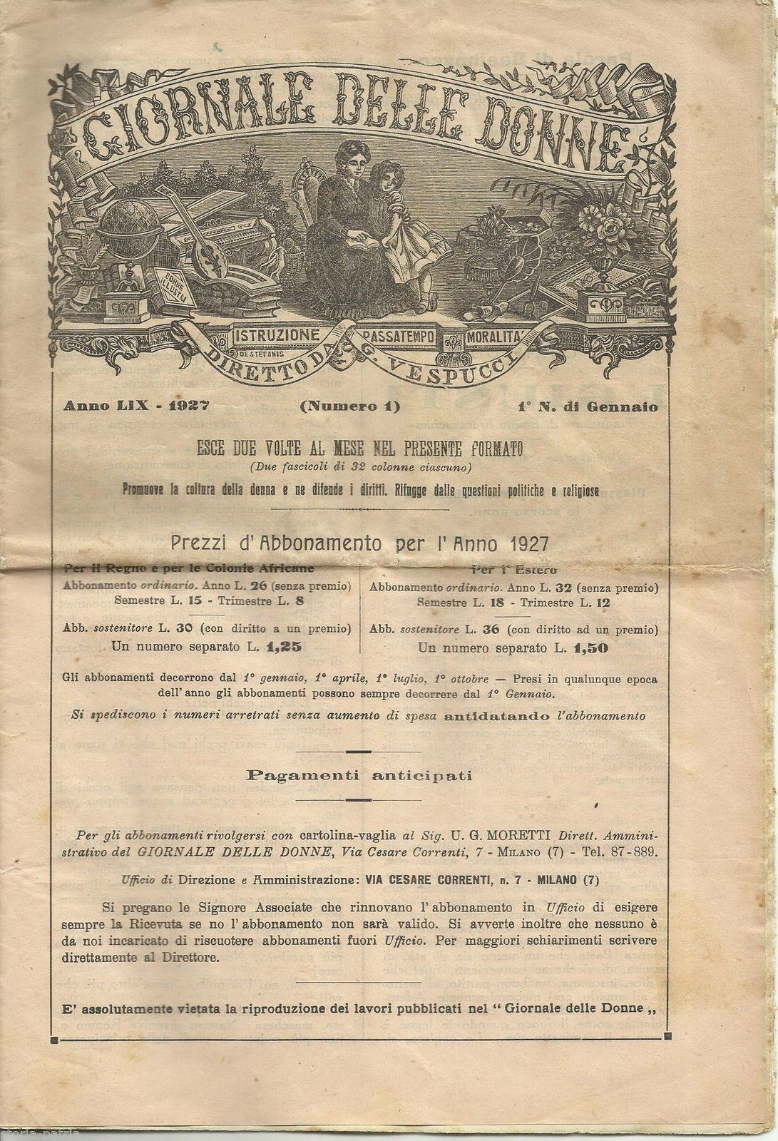 Il Giornale Delle Donne 1927 Milano Rivista Antica Vespucci