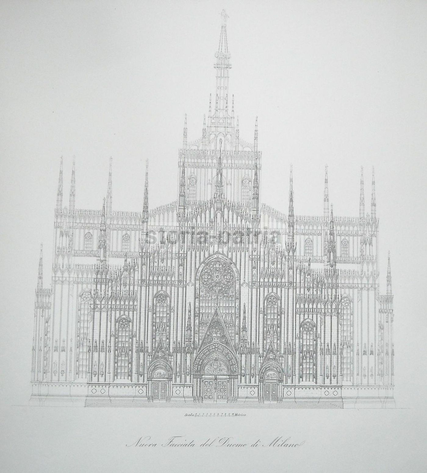 Facciata Del Duomo Di Milano, Progetto Dell'Architetto Giuseppe Brentano, Incisione Del XIX Secolo