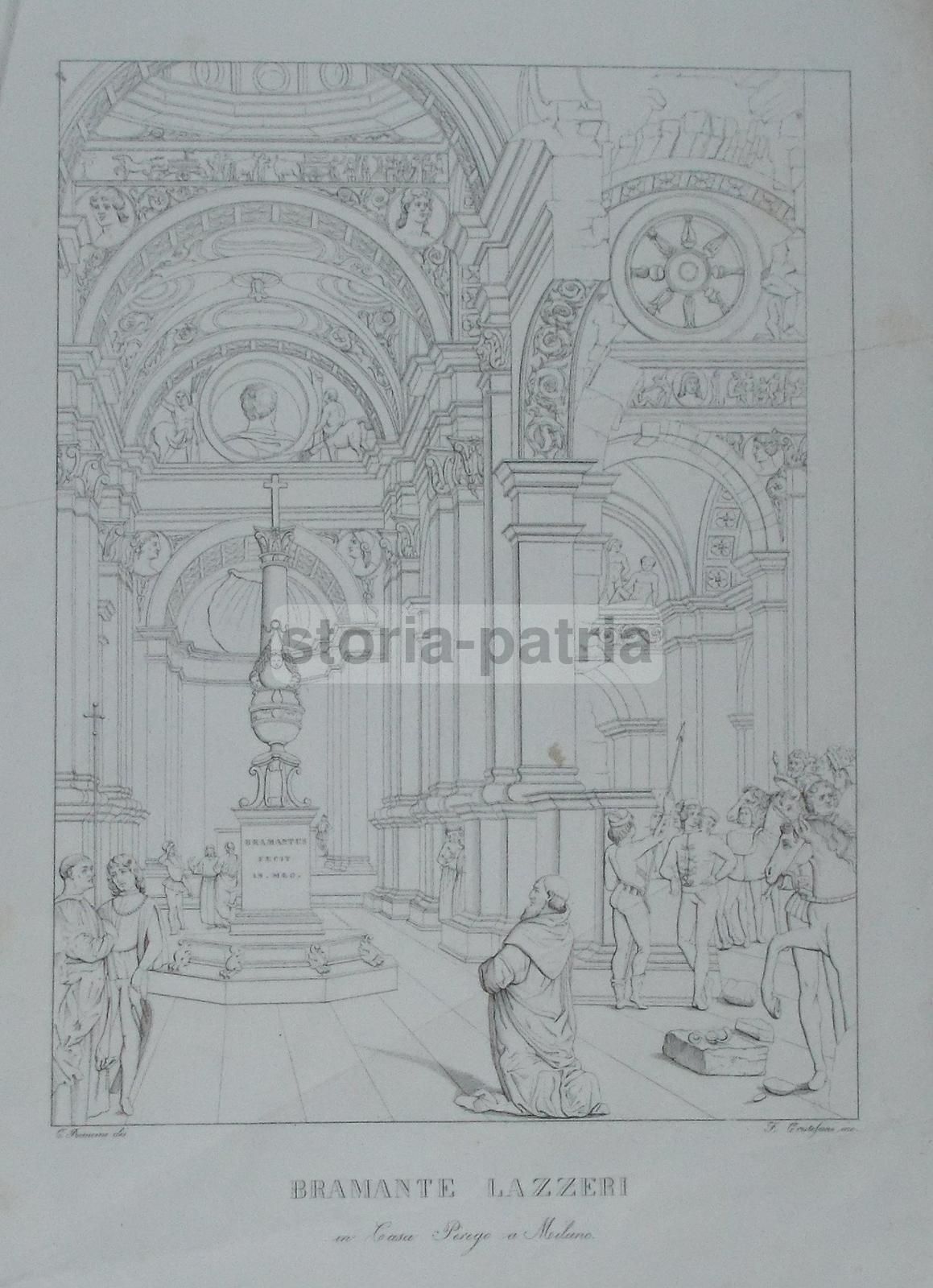 Stampa Antica Palazzo Perego Milano, Bramante Lazzeri, 1850