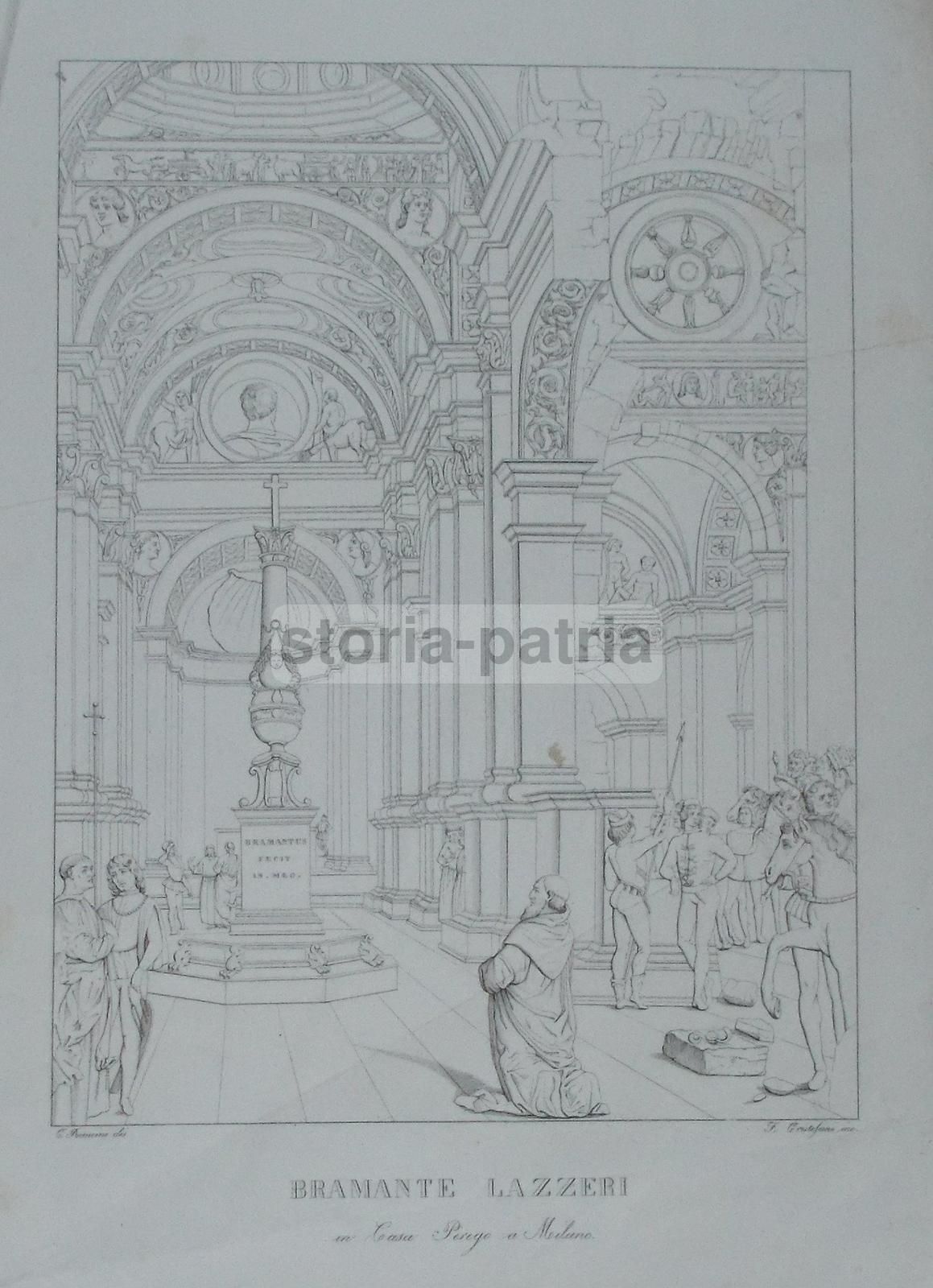 Stampa Antica Palazzo Perego Milano, Bramante Lazzeri, 1850