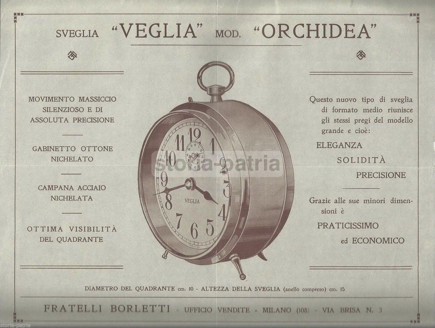 Pubblicità Sveglia Veglia Orchidea Borletti Milano, Anni '30 '40