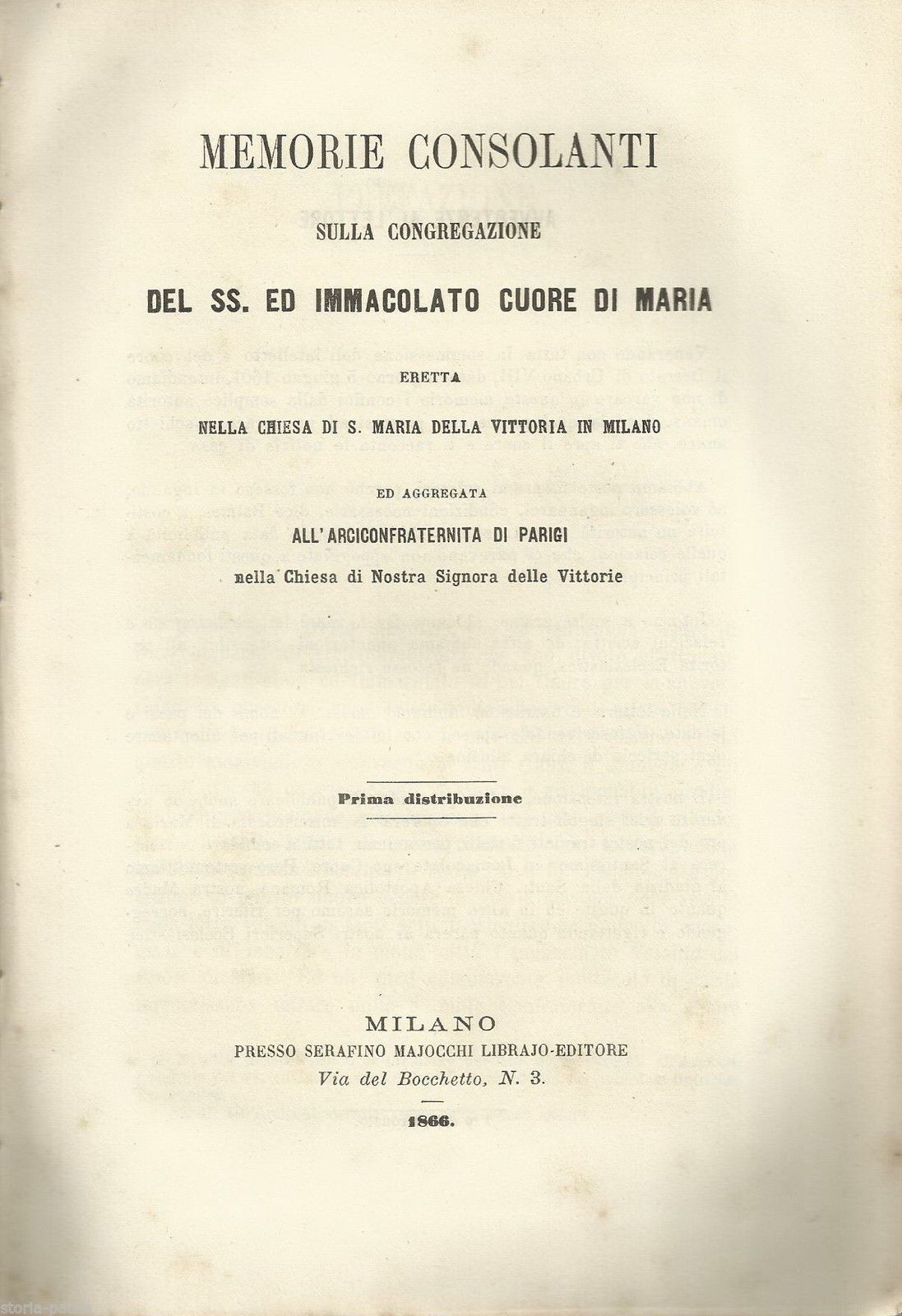 Memorie Della Congregazione Del Cuore Di Maria, S. Maria Della Vittoria, Milano 1866