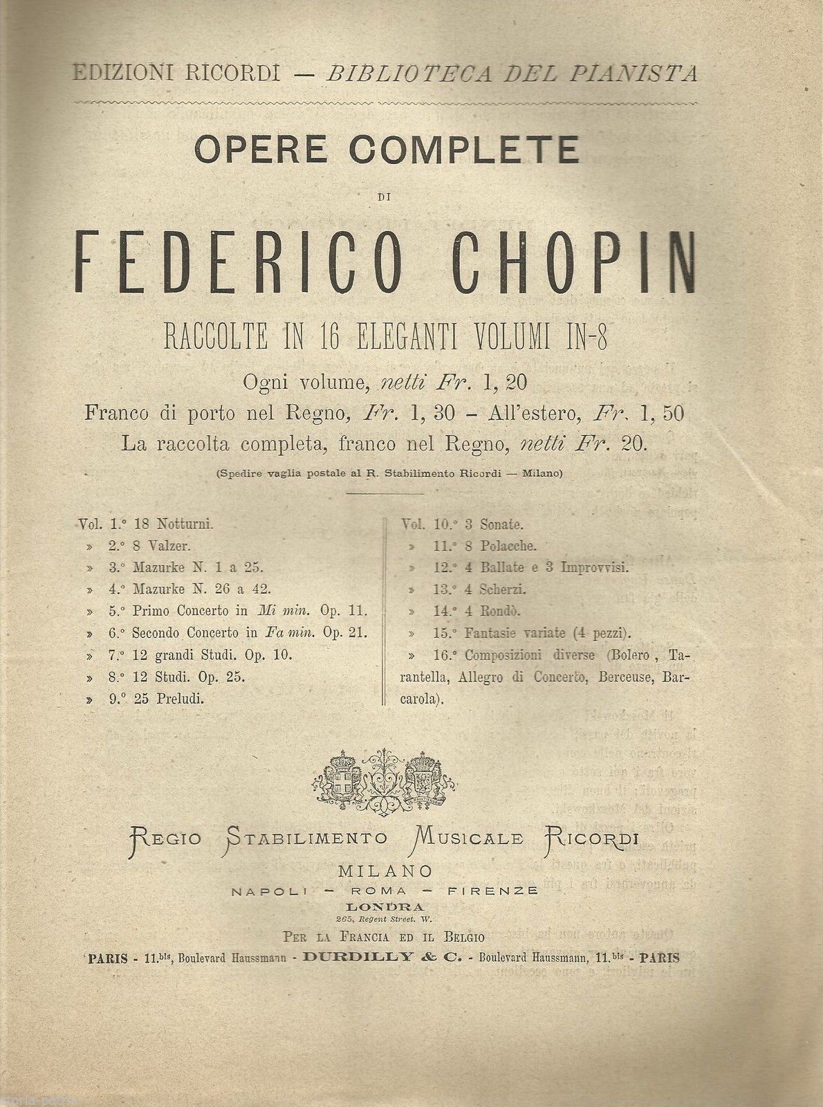 Catalogo Ricordi Biblioteca Del Pianista Chopin Autori Esteri