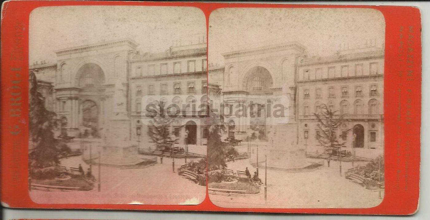 Stereofotografia Monumento Leonardo Da Vinci, Piazza Della Scala, Milano, Fine Ottocento