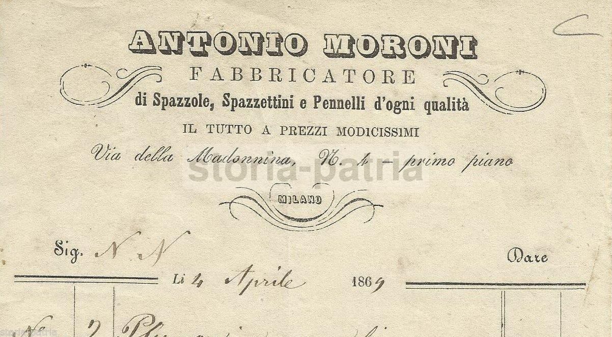 Carta Intestata Pubblicitaria Antonio Moroni, Milano 1869, Spazzole